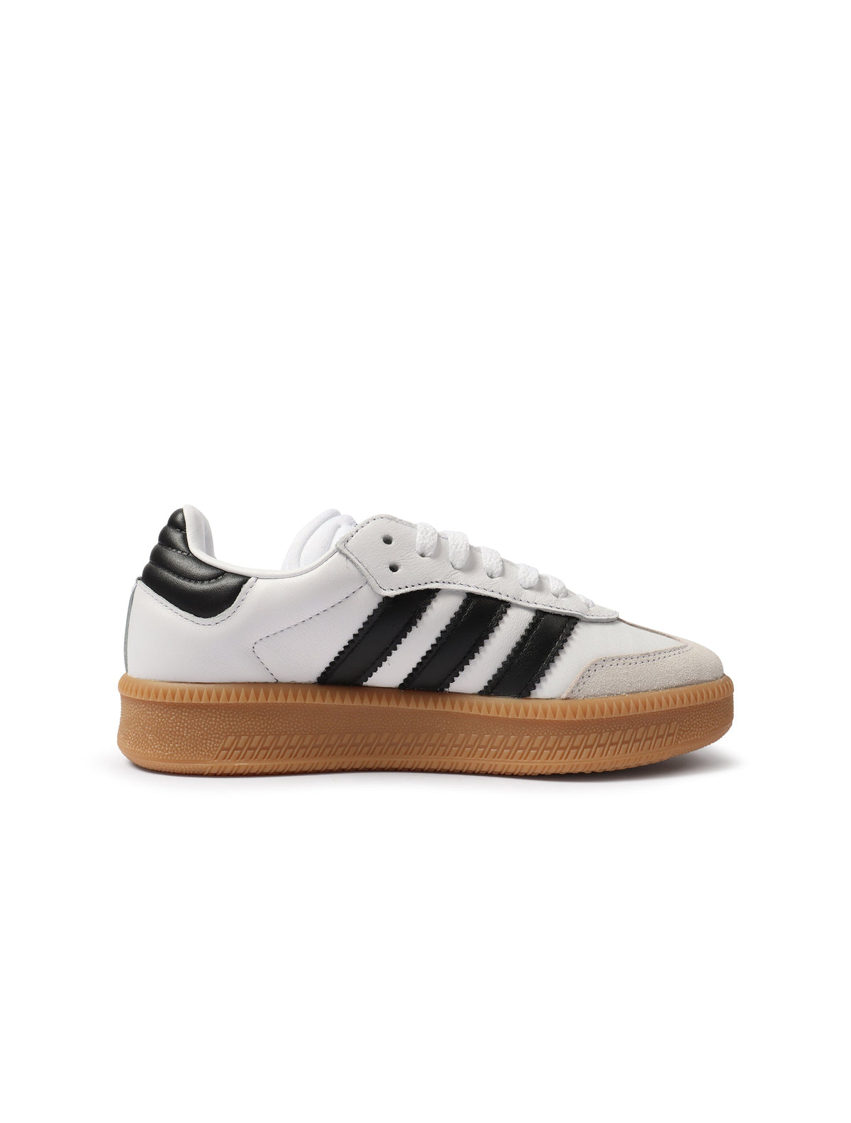 White Adidas Big Kids Samba XLG grade school sneakers with classic design and Adidas branding, shown on clean background.