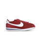 Nike women's Cortez sneakers in Team Red, showcasing classic athletic footwear with white midsole and red laces.
