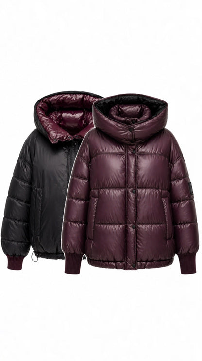Reversible Hooded Bio-Down Jacket in Burgundy/Black