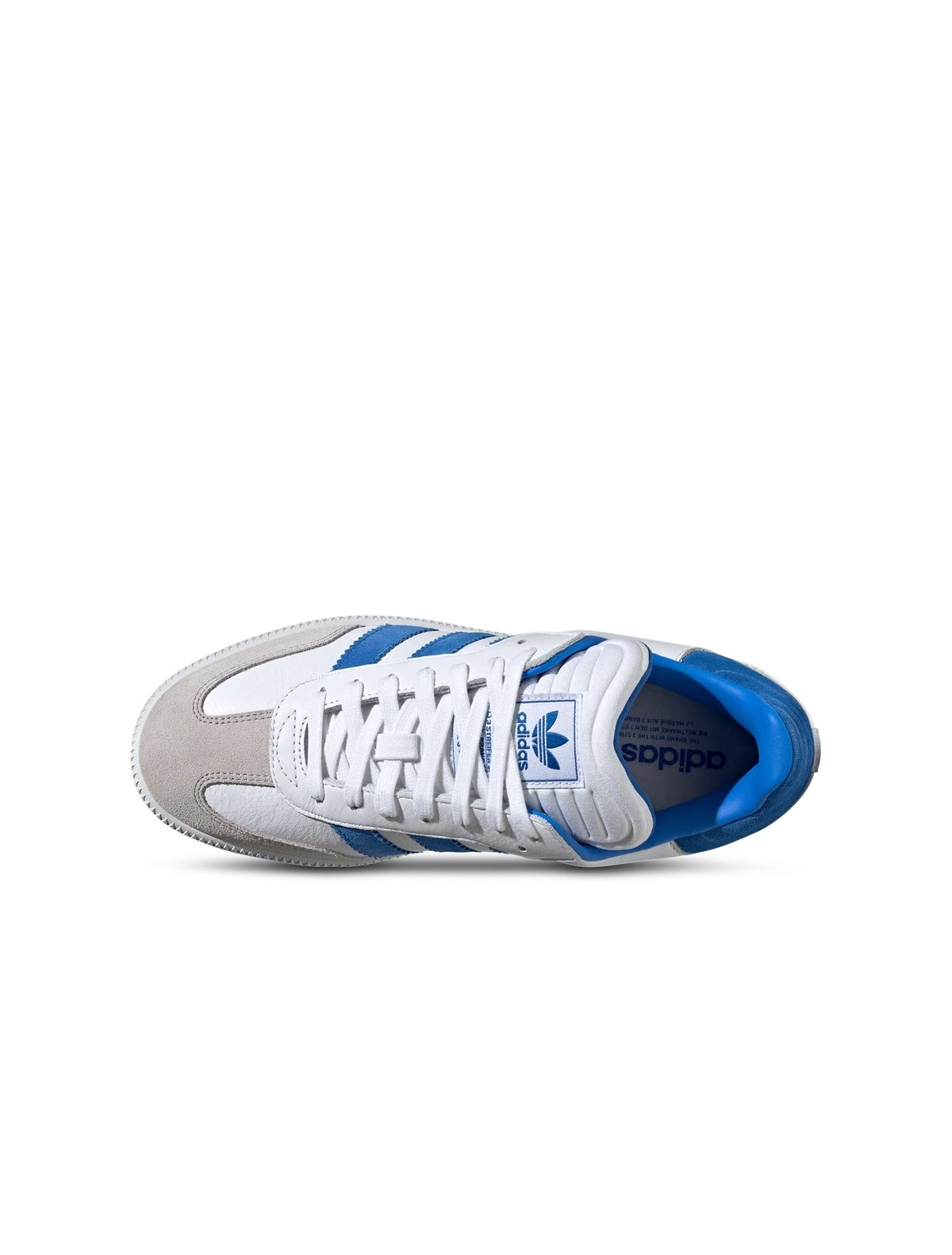 Gradeschool Adidas Samba XLG sneakers in white and royal with leather and synthetic upper, featuring classic sporty design.