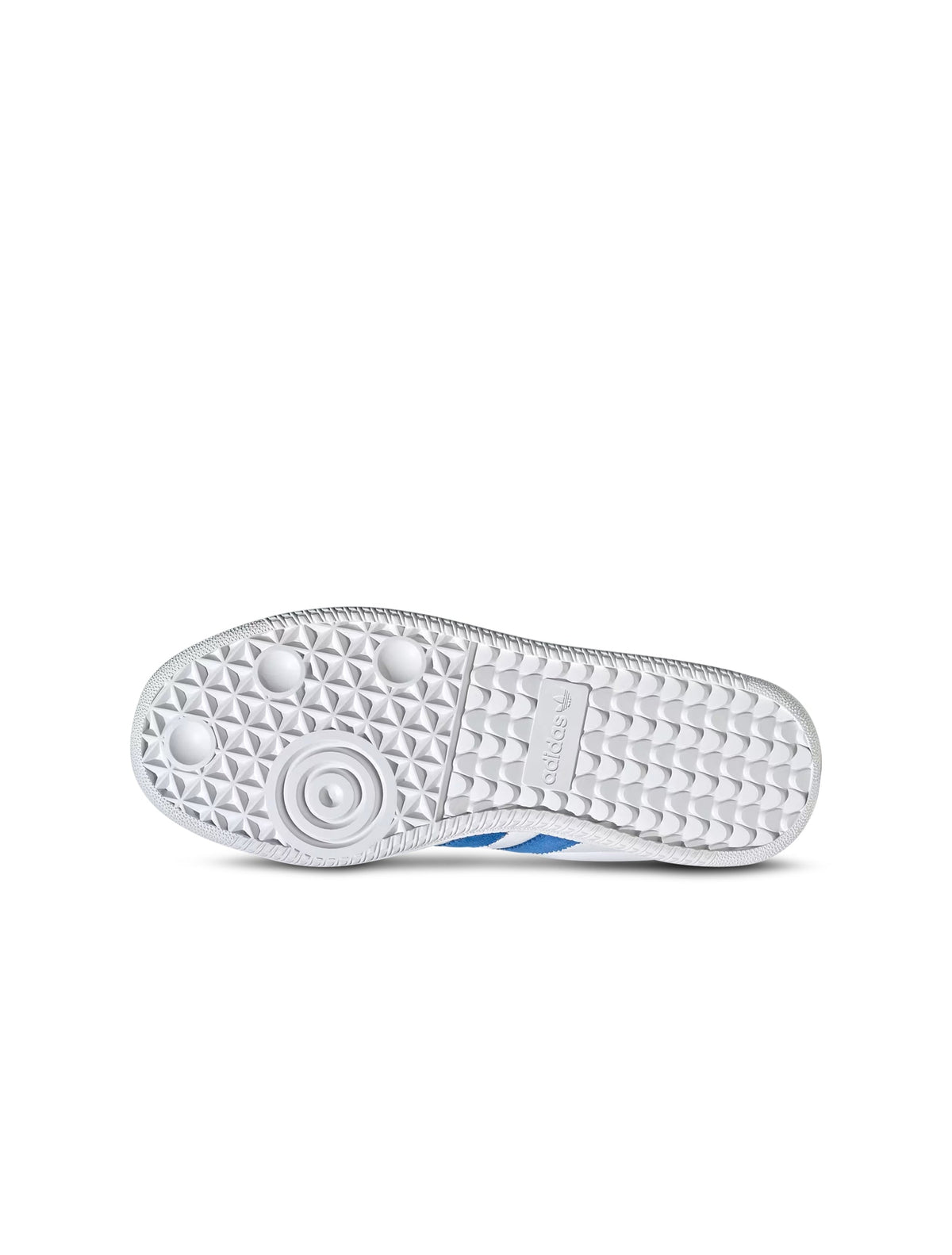 Gradeschool Adidas Samba XLG sneakers in white and royal blue, featuring classic design and durable leather upper.