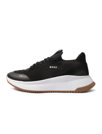 Black Hugo Boss TTNM EVO men's shoes, stylish and sleek footwear with a modern design, displayed on a clean background.