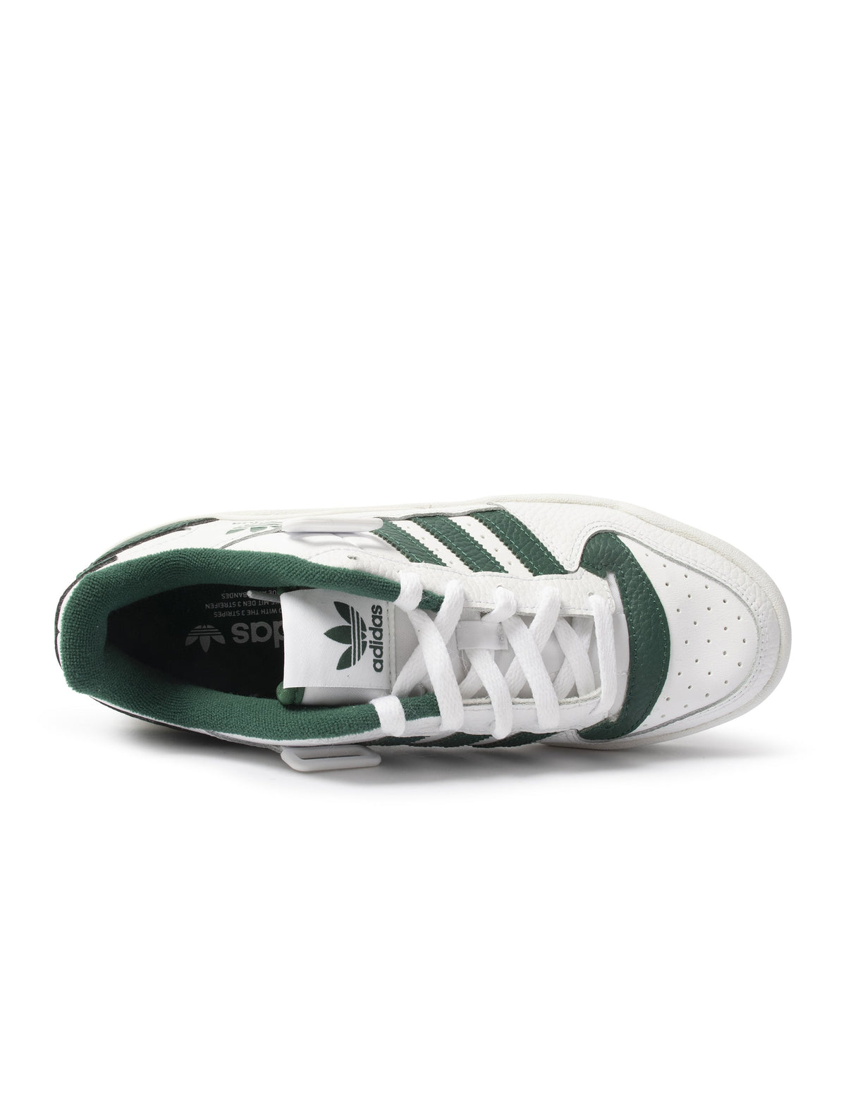 White and green Adidas Forum 84 Low men's sneakers showing side view with classic design and textured sole.