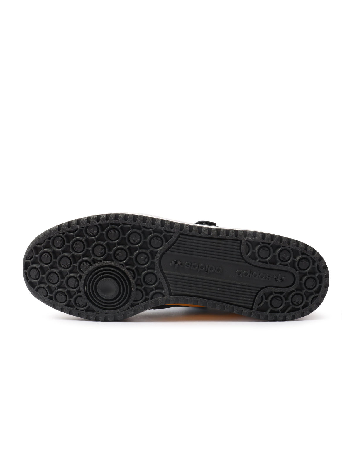 Men's Adidas Forum Low sneakers in black and yellow, showcasing the stylish design and branding on the footwear.