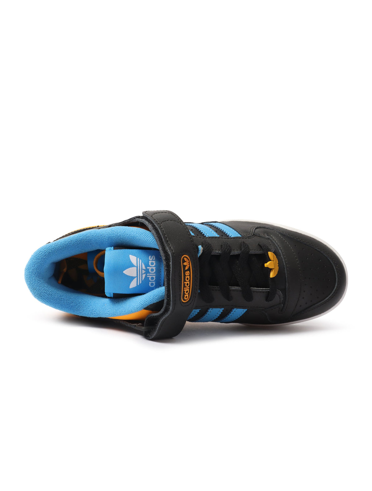 Mens Adidas Forum Low sneakers in black and yellow with stylish design, showcasing the iconic footwear on a plain background.