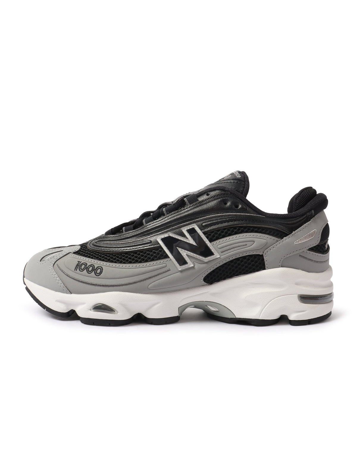 Black and grey New Balance men's 1000N shoes showing side and top view, featuring mesh and synthetic overlays for athletic footwear.