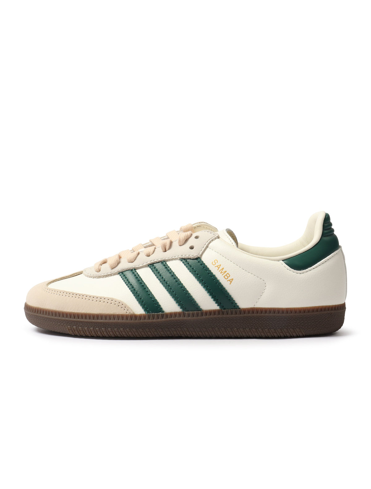 Adidas Women's Samba OG white and green sandals, casual footwear with classic design, displayed on a white background.