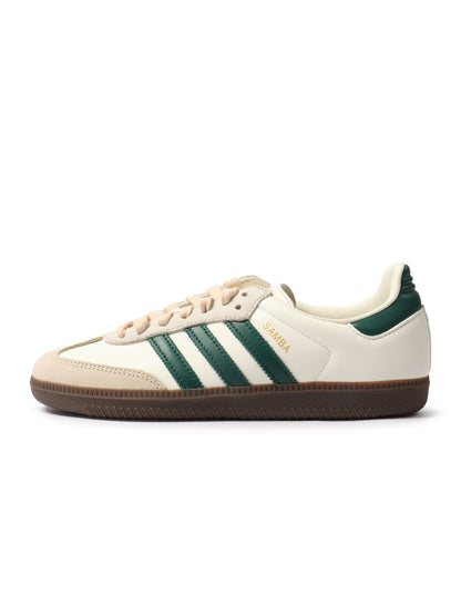 Adidas Women's Samba OG white and green sandals, casual footwear with classic design, displayed on a white background.
