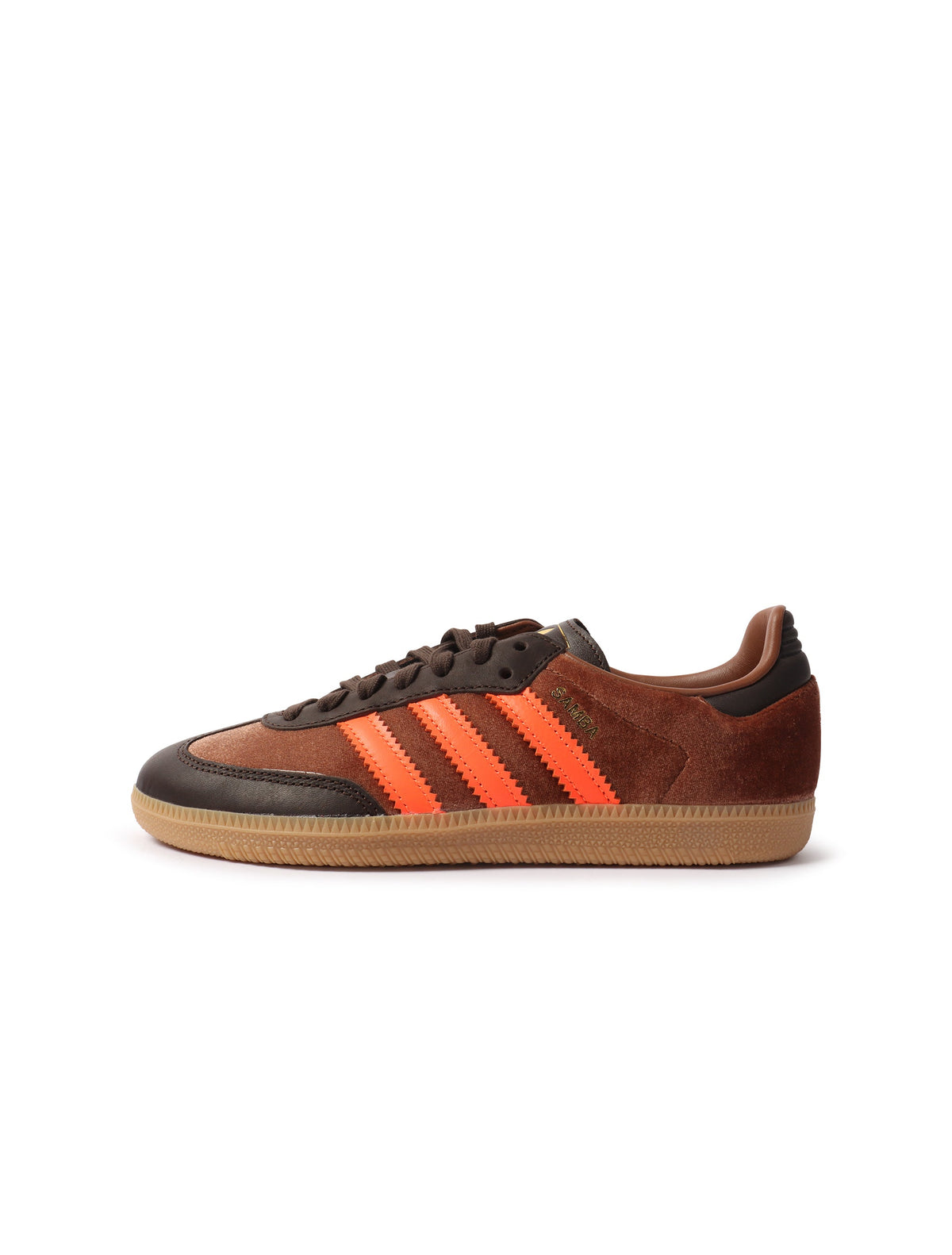 Brown Adidas Women's Samba OG sneakers, low-top footwear with classic three-stripe detailing and gum sole