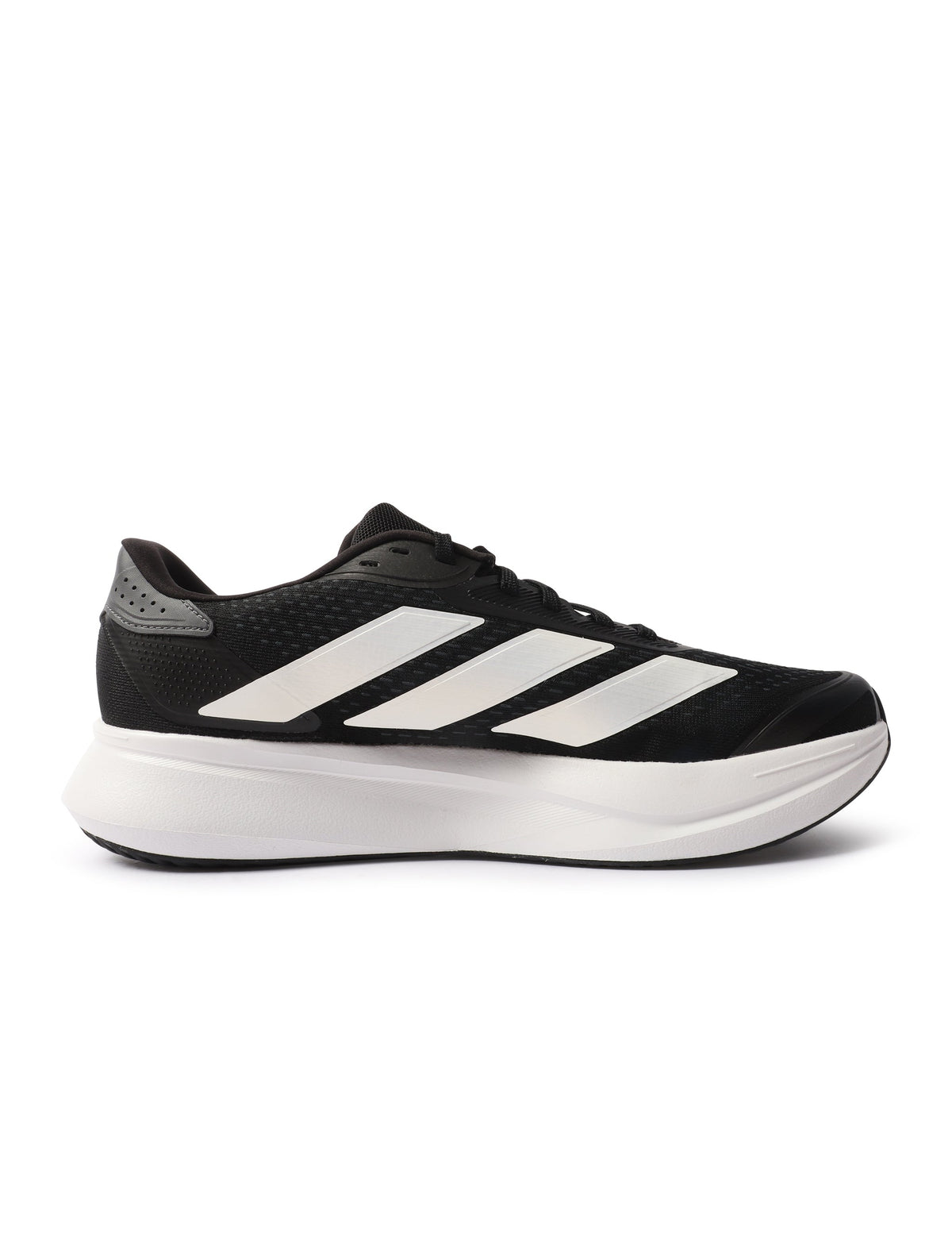 Black and white Adidas men's Duramo SL2 wide shoes, athletic footwear with breathable mesh and supportive sole, shown from the side.
