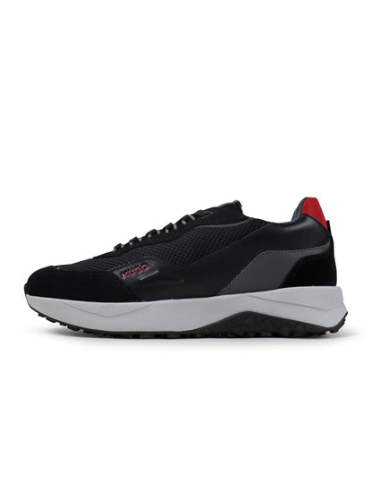 Black Hugo Boss Kane men's shoes featuring sleek leather design and stylish laces, perfect for formal or casual wear.