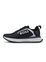 Navy Hugo Boss men's Jonah running shoes with white soles, detailed laces, and sporty design for men's footwear.