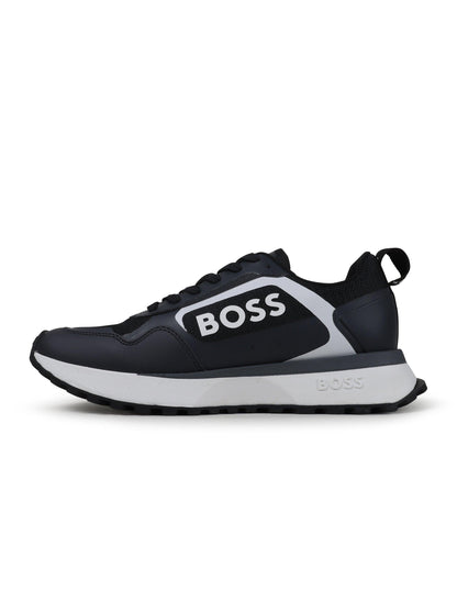 Navy Hugo Boss men's Jonah running shoes with white soles, detailed laces, and sporty design for men's footwear.