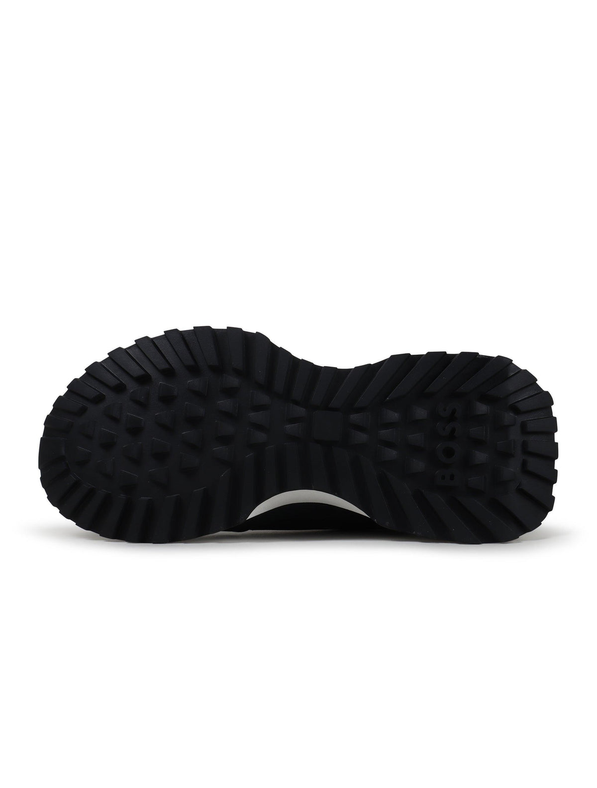 Navy Hugo Boss men's Jonah running shoes with white soles, displayed on a wooden surface showing athletic footwear style.