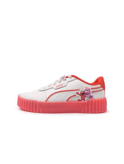 White and red Puma Womens Carina 3.0 Care Bear SS sneakers featuring sporty design and branded Puma logo.