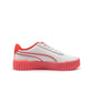 White and red Puma Womens Carina 3.0 Care Bear SS sneakers with denim accents, casual footwear for women.