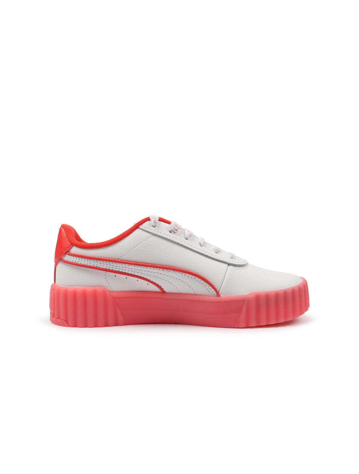 White and red Puma Womens Carina 3.0 Care Bear SS sneakers with denim accents, casual footwear for women.