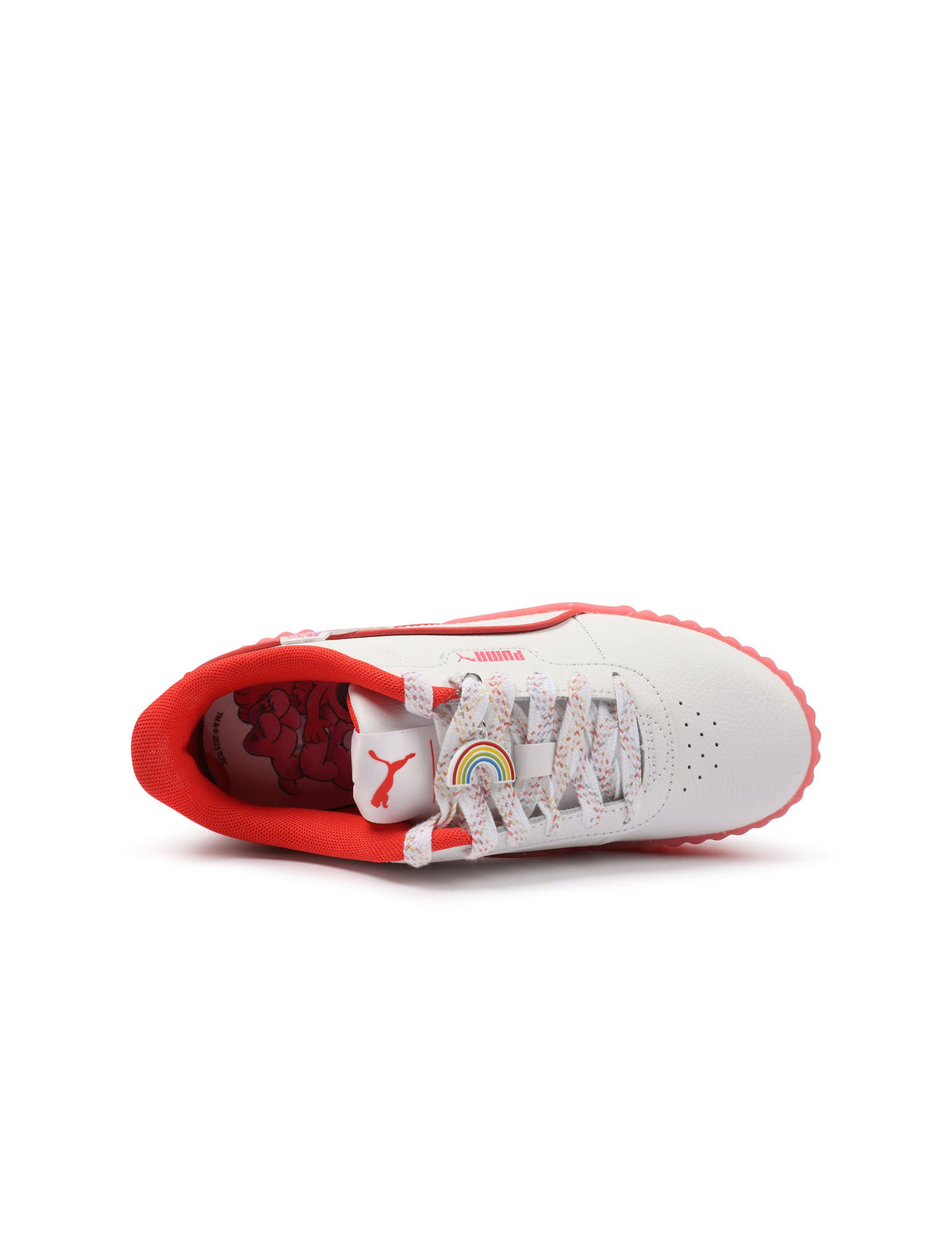 White and red Puma Women's Carina 3.0 Care Bear sneakers showcasing sporty design and comfortable fit.