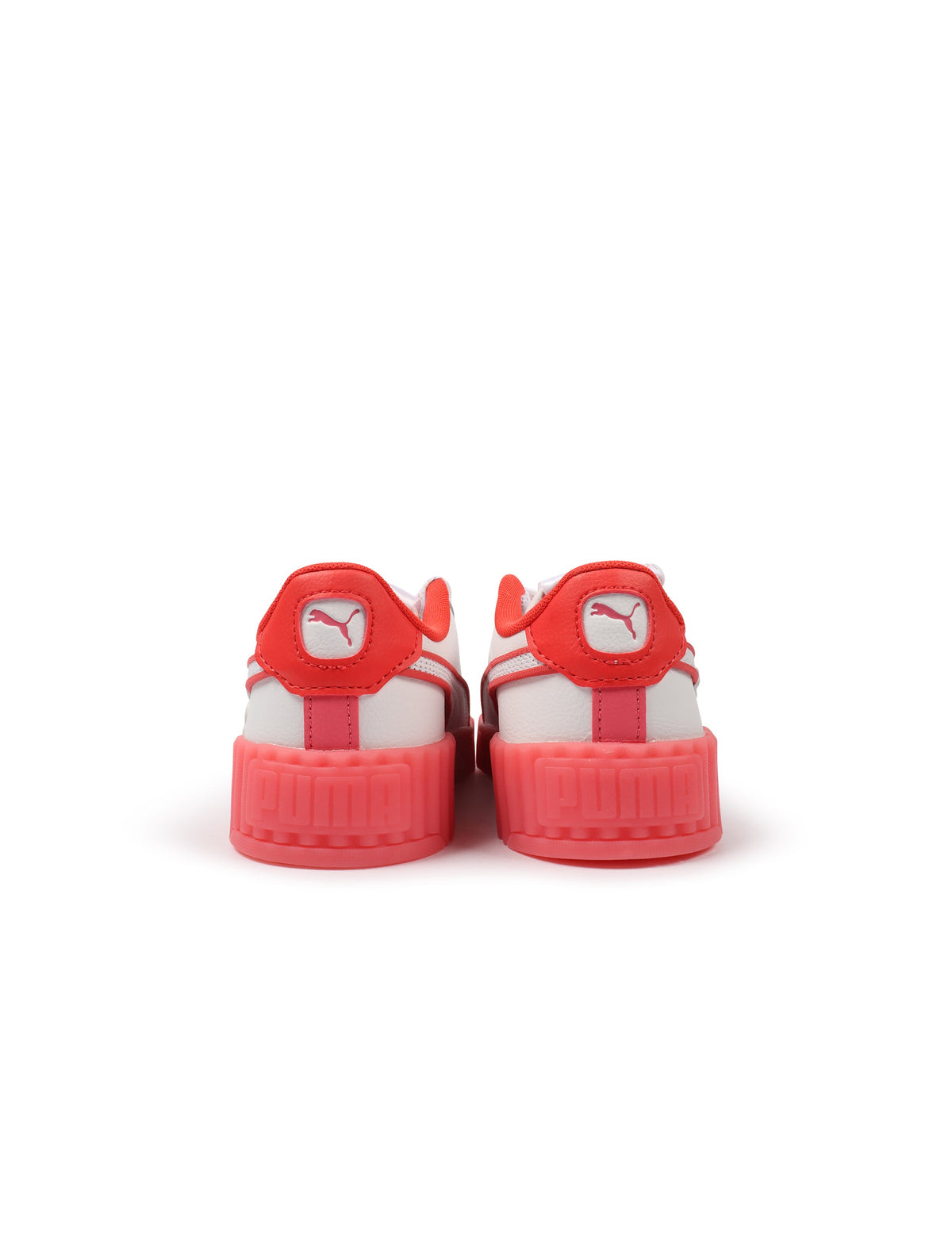 White and red Puma Womens Carina 3.0 Care Bear SS sneakers featuring a casual design, displayed on a clean background.