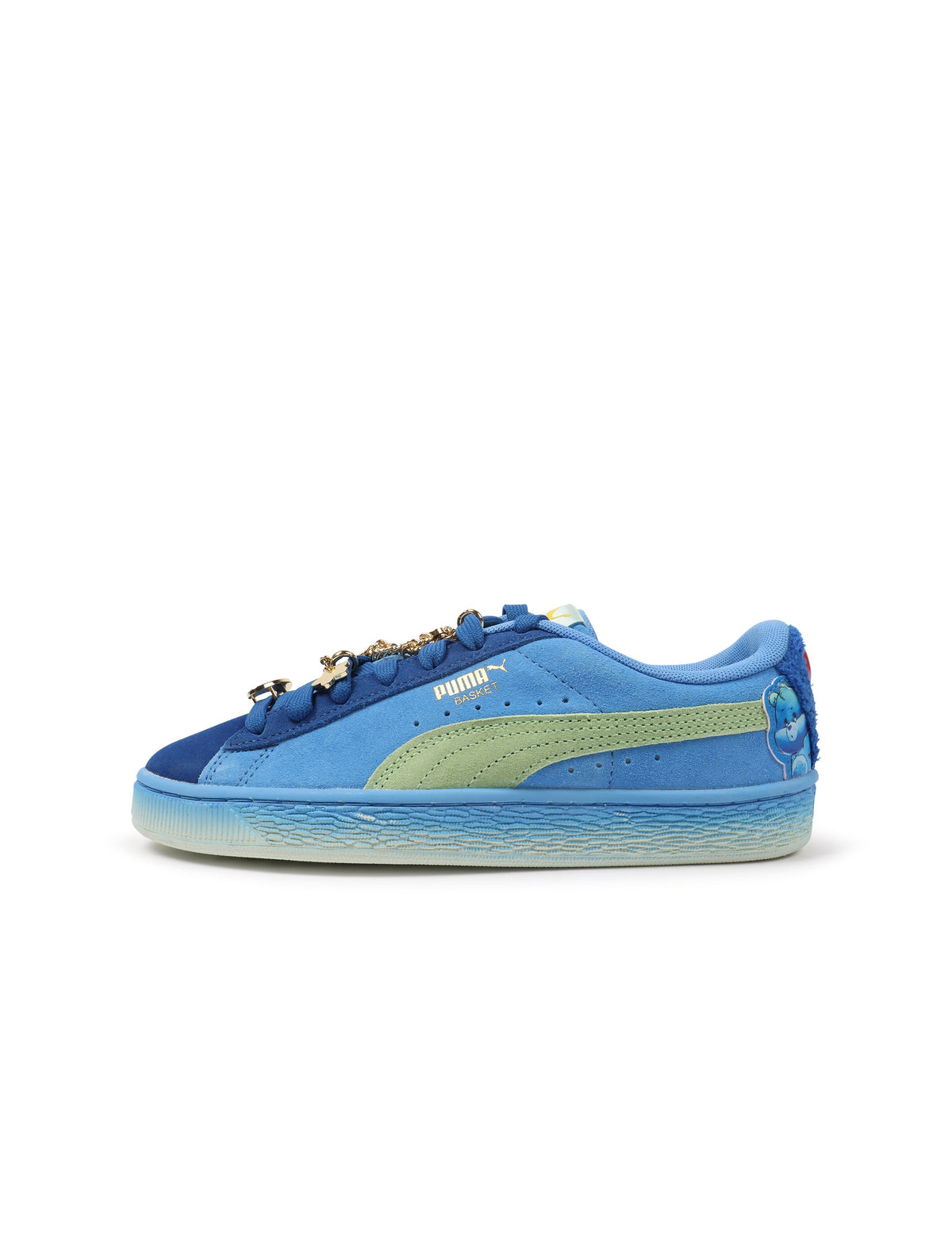 Blue and green Puma women's Basket Grumpy Grouchy sneakers with denim accents, showcasing casual footwear style.
