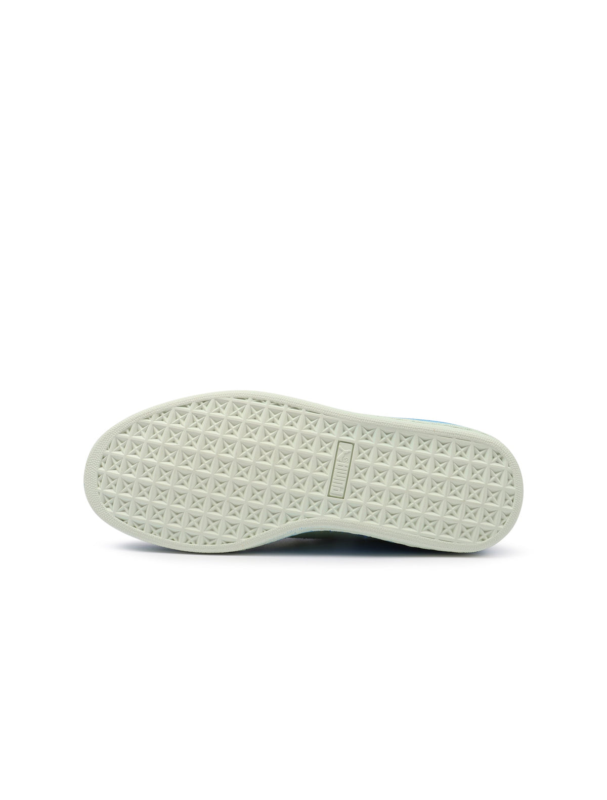 Blue and green Puma Women's Basket Grumpy Grouchy sneakers, stylish denim footwear for women, shown from a front angle.