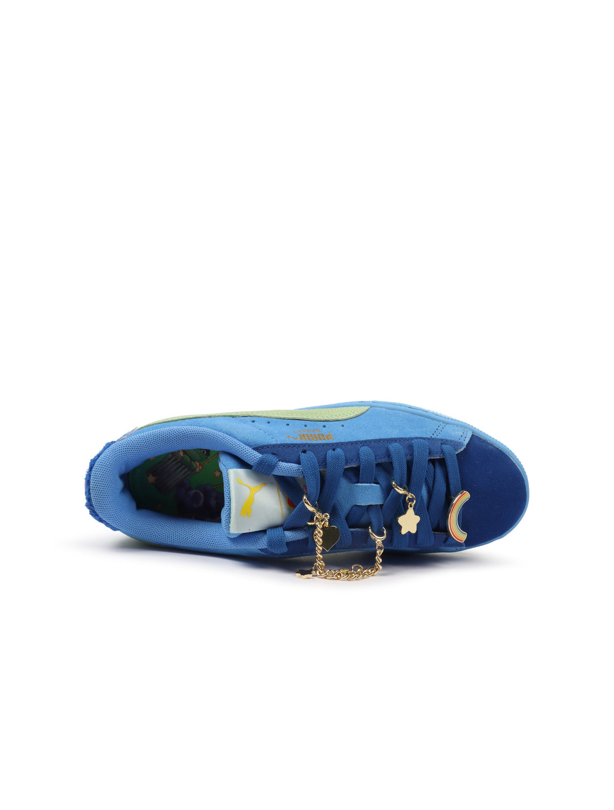 Blue and green Puma women's Basket Grumpy Grouchy sneakers, stylish footwear with a playful design, on a white background.