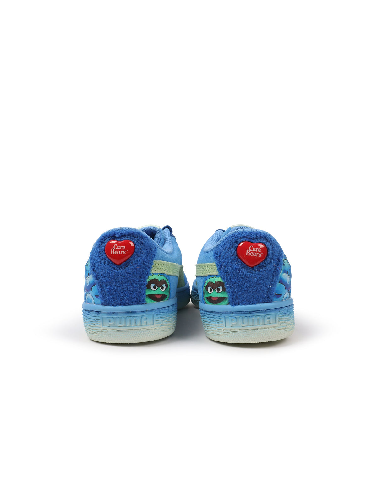 Blue and green Puma Women's Basket Grumpy Grouchy sneakers, stylish footwear with vibrant color accents, on a white background.