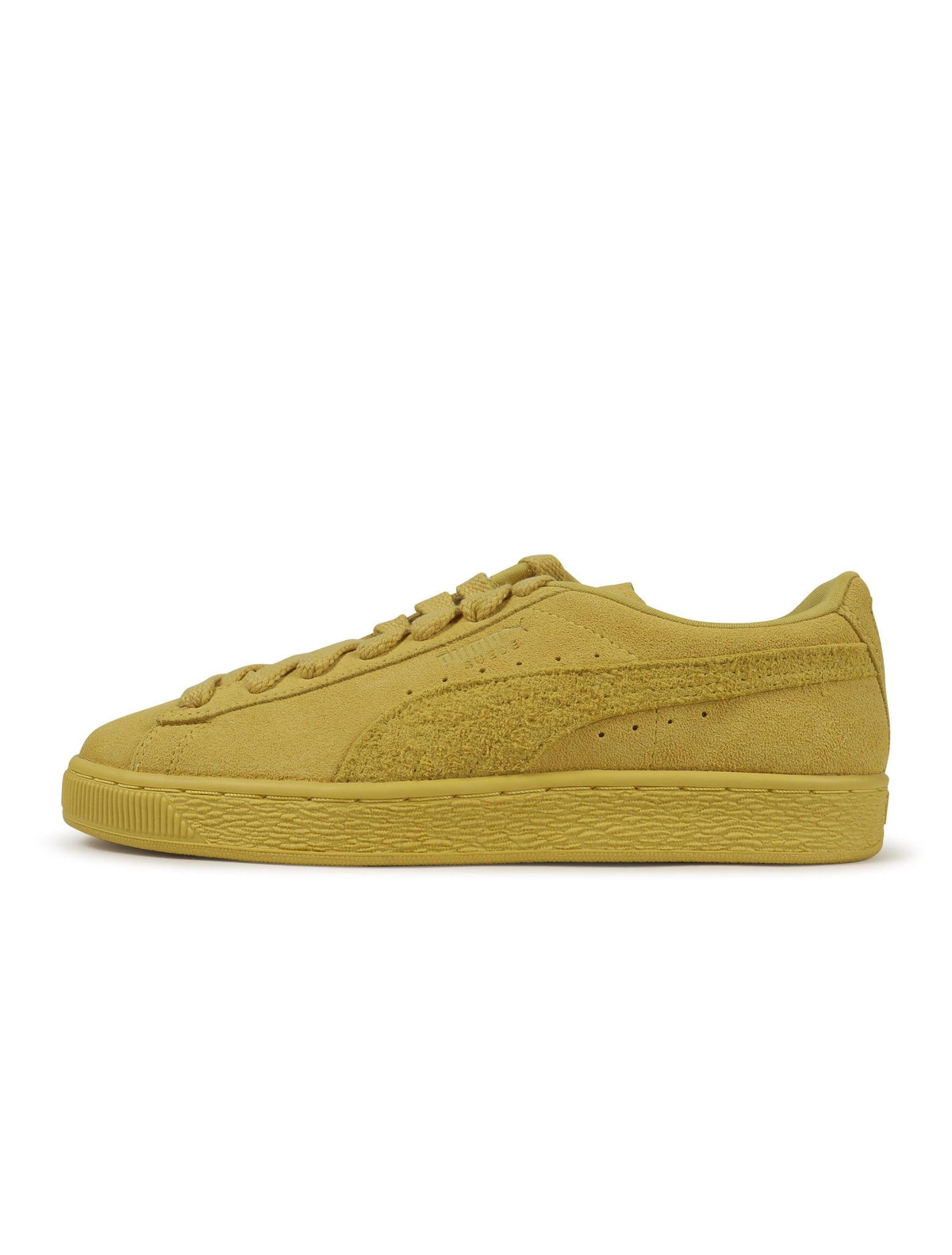 Yellow Puma Suede Love Marathon sneaker for men, featuring suede material and stylish design, shown in a close-up shot.