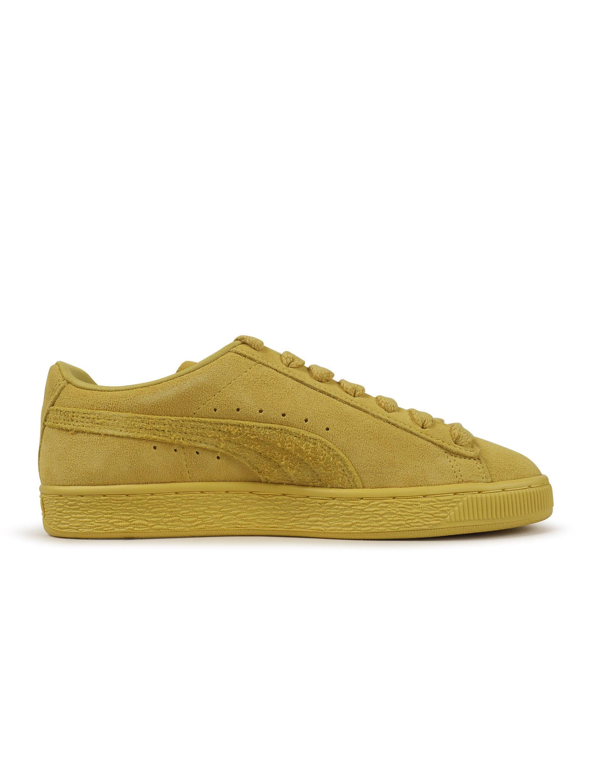 Yellow Puma Suede Love Marathon sneaker for men, featuring a classic design with suede material and sporty style.