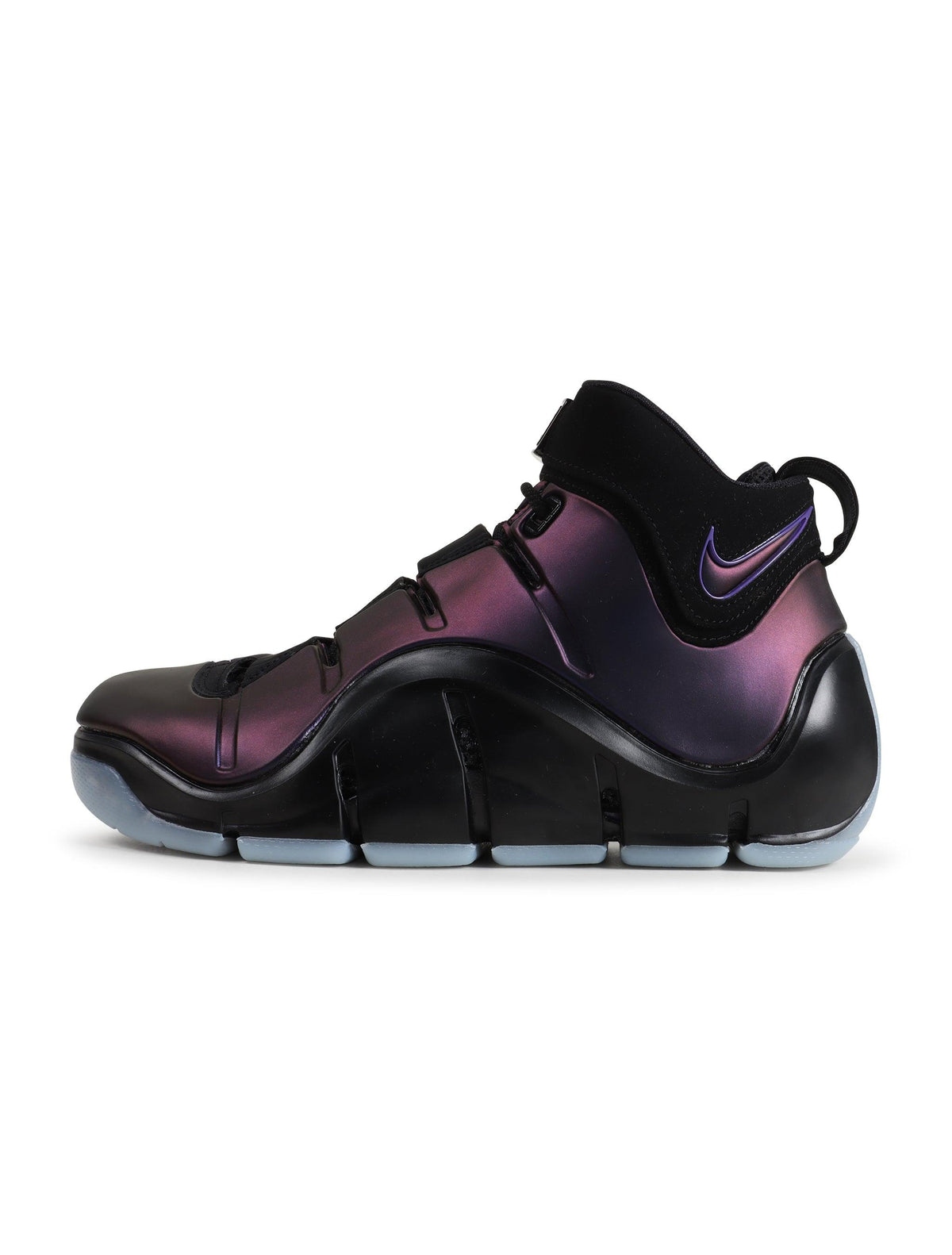 Men's Nike LeBron 4 Eggplant footwear in purple, displayed from the side view