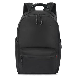 Double Oak Essentials travel backpack with multiple compartments and padded straps, designed for comfortable carrying during trips.