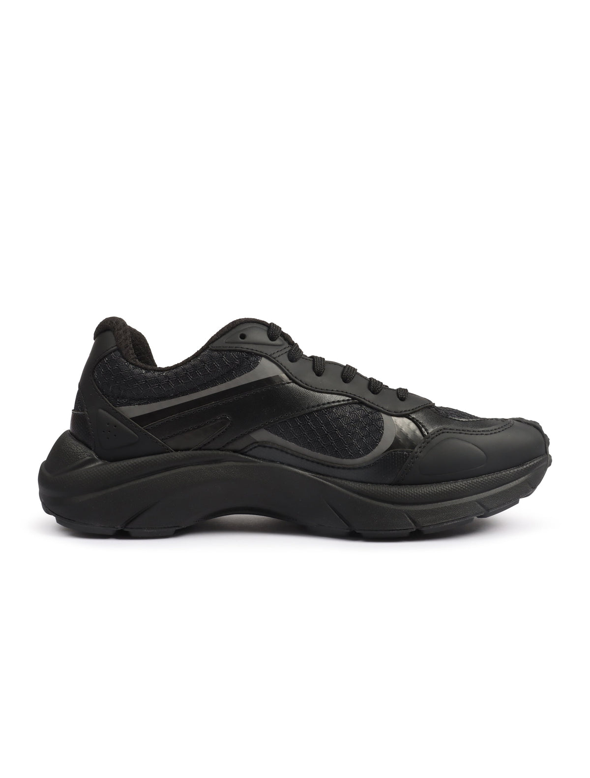 Denim Exchange men's black leather mesh trainers, side view sneaker design
