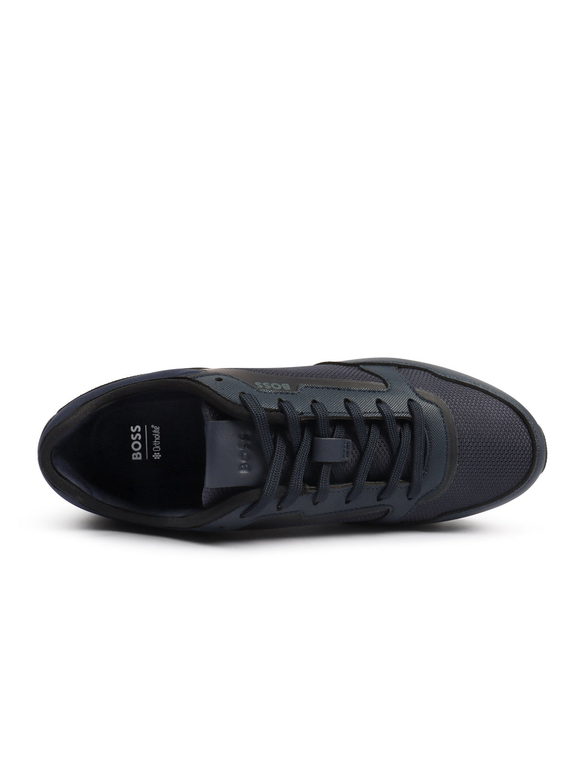 Dark blue Hugo Boss men's Parkour Runn shoes featuring sleek design and breathable material, ideal for athletic and casual wear.