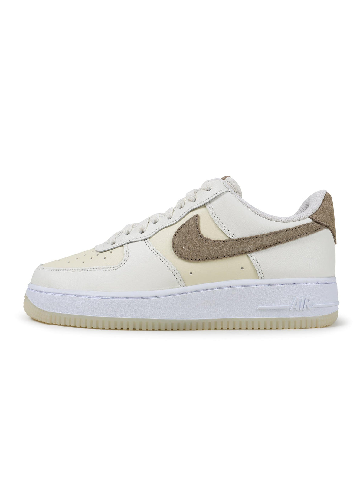 Nike men's Air Force 1 '07 LV8 Coconut Khaki sneakers in side profile by Denim Exchange