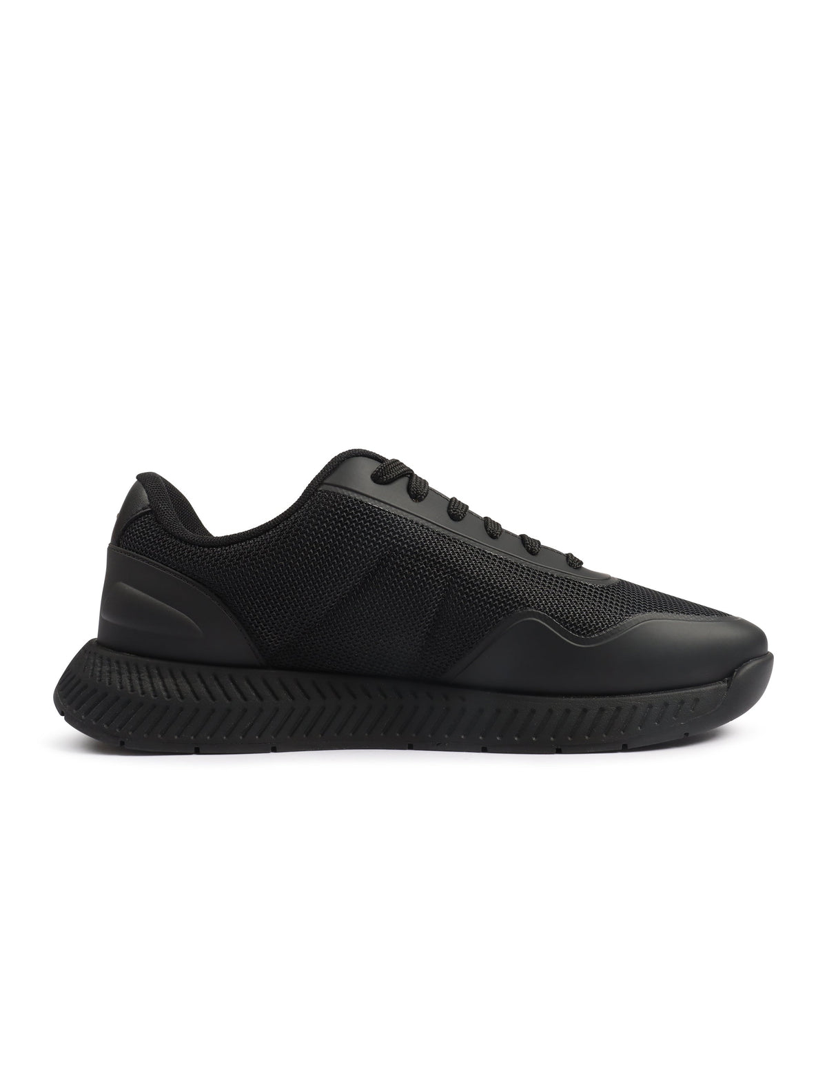 Black Boss Titanium Runn men's shoes with sleek design and breathable material, showcasing the stylish footwear from Denim Exchange.