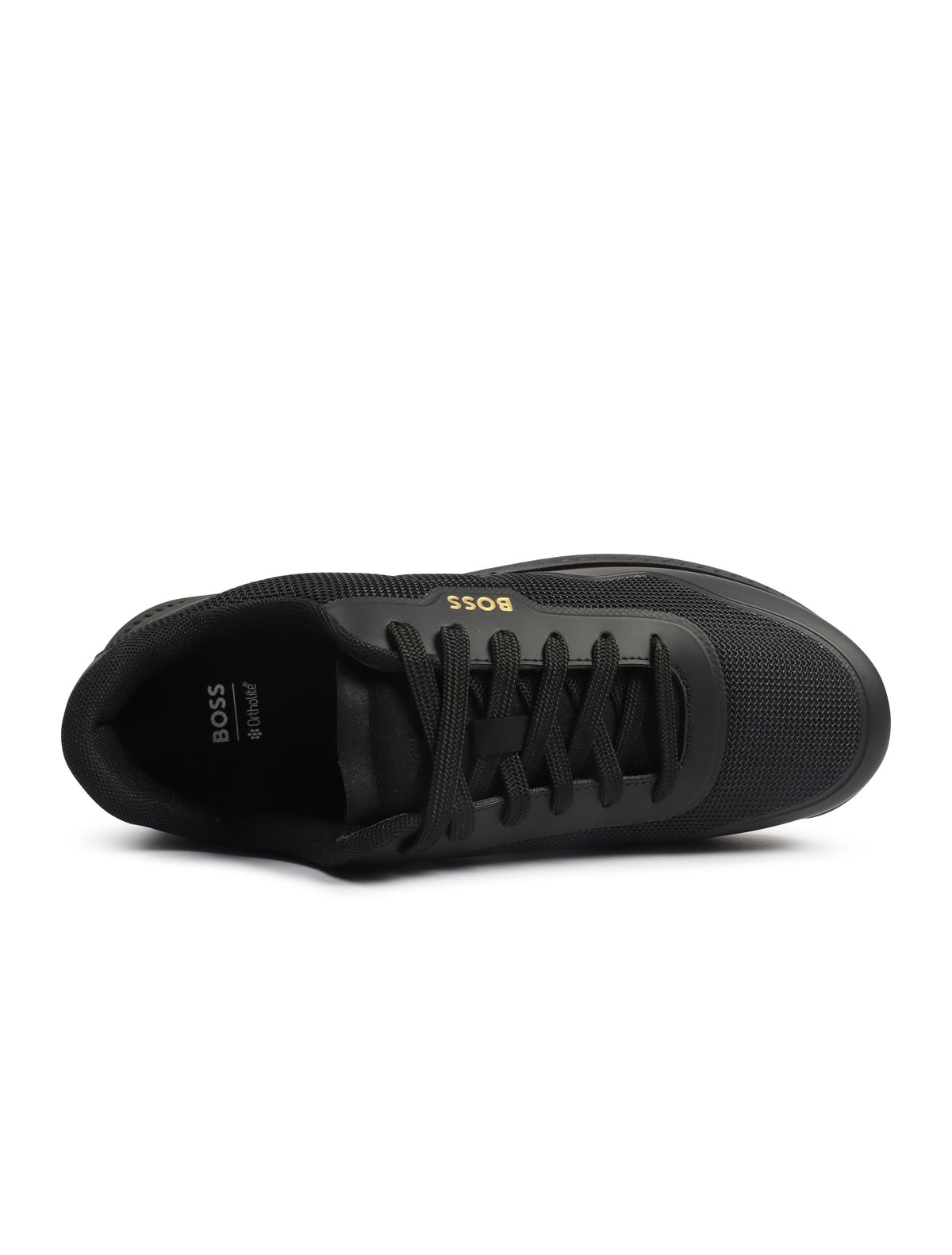 Black Boss Titanium Runn shoes for men, stylish and comfortable footwear from Denim Exchange, shown in a close-up image.