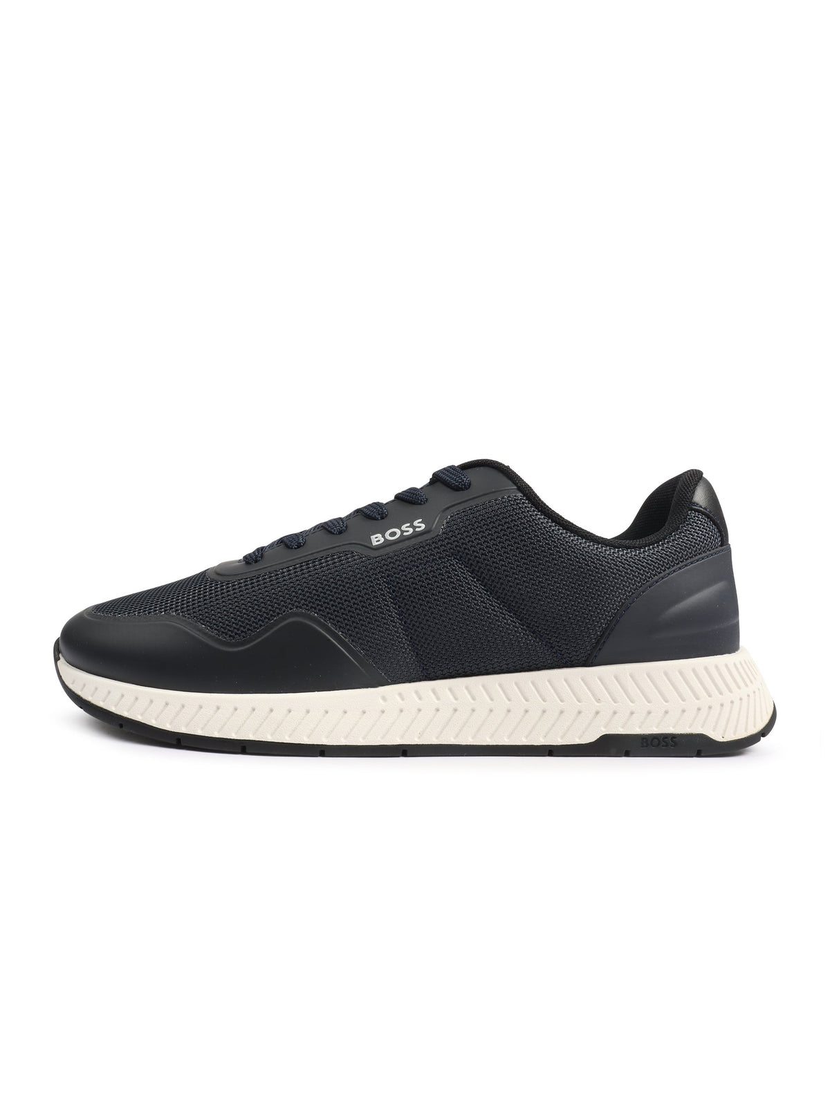 Dark blue Boss Titanium Runn shoes for men, with sleek design and athletic style, showcased in close-up view.