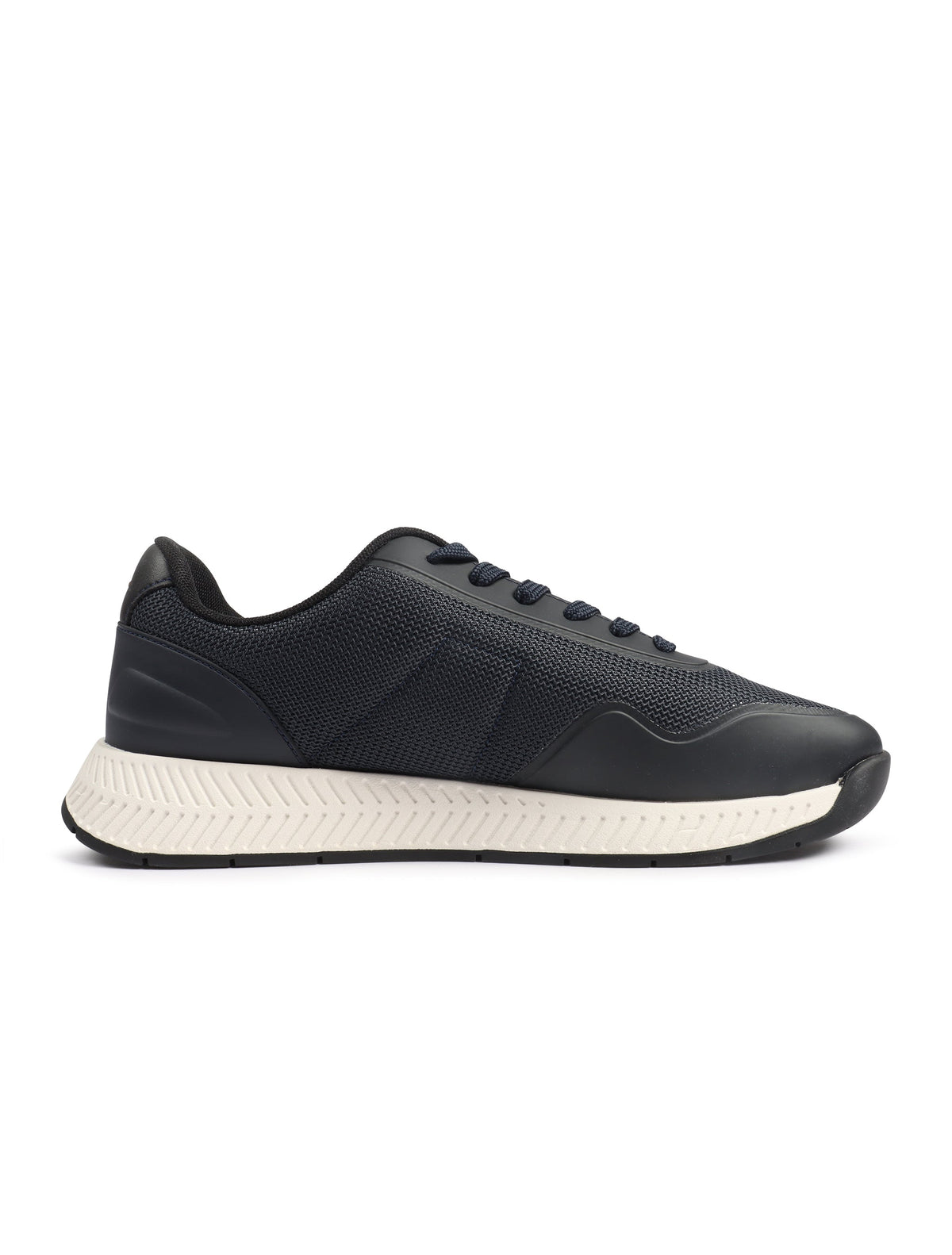 Men's Boss Titanium Runn shoes in dark blue, showcasing the sleek athletic design and breathable fabric of these stylish footwear.