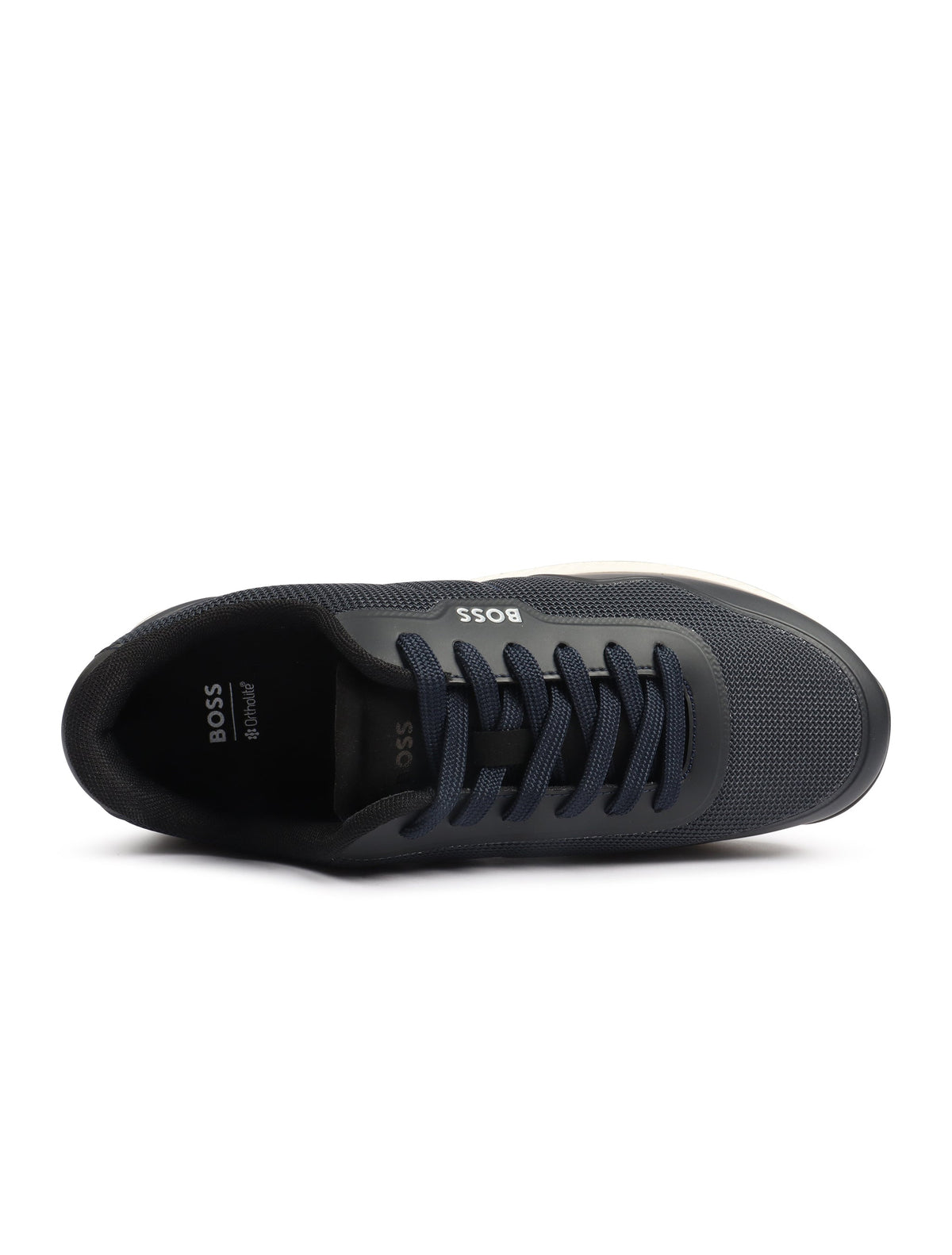 Men's Boss Titanium Runn shoes in dark blue, stylish athletic footwear with breathable mesh and cushioned soles.