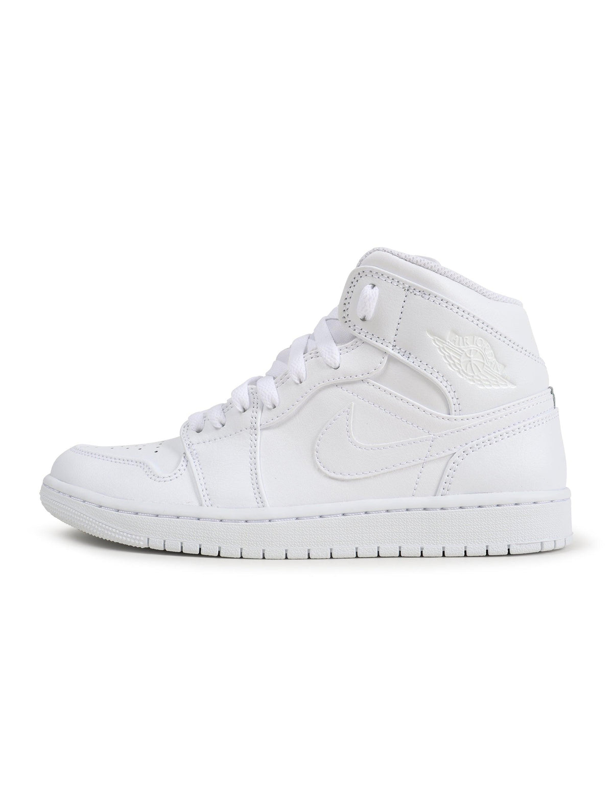 Denim Exchange Air Jordan Men's 1 Mid sneakers in triple white leather with classic high-top design