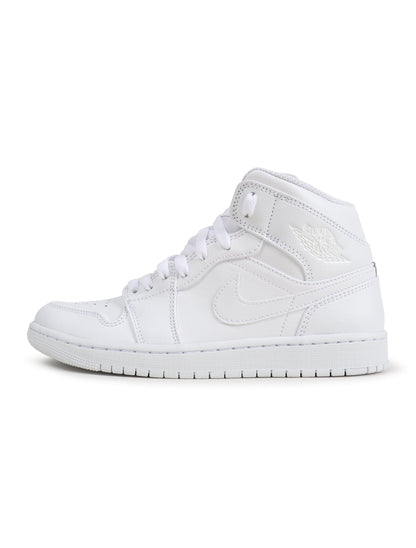Denim Exchange Air Jordan Men's 1 Mid sneakers in triple white leather with classic high-top design