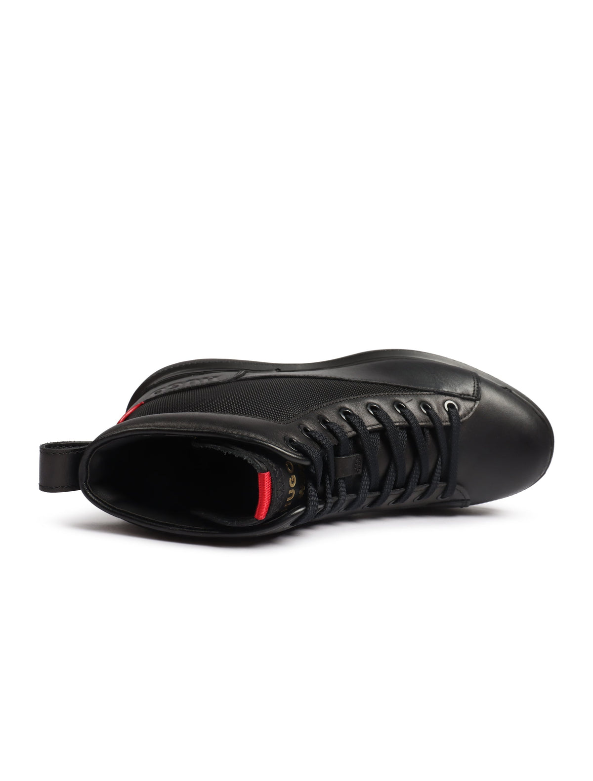 Black Hugo Nash Halb Boot for men, stylish denim exchange footwear with leather accents and ankle support.