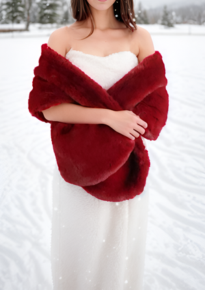 Red Bridal Fur Shawl with Fleece Lining (Audrey Red05)