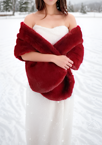 Red Bridal Fur Shawl with Fleece Lining (Audrey Red05)