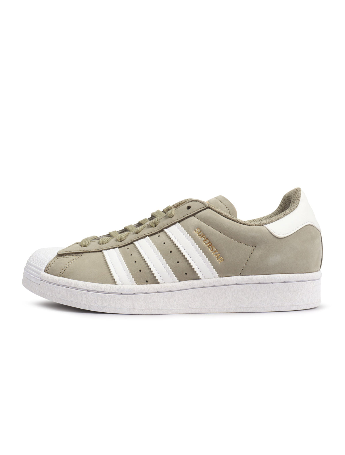 Men's Adidas Superstar sneakers in khaki with white soles, showcasing stylish footwear from Denim Exchange.