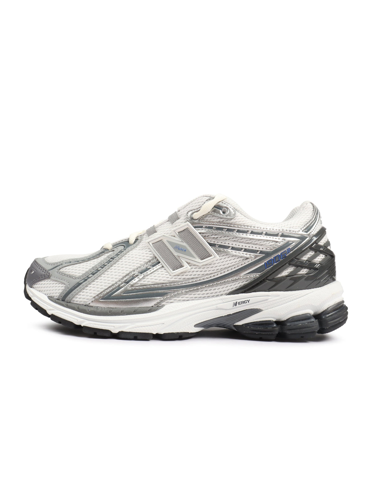 White and grey New Balance men's 1906 sneakers featuring breathable mesh and supportive soles, ideal for casual wear.
