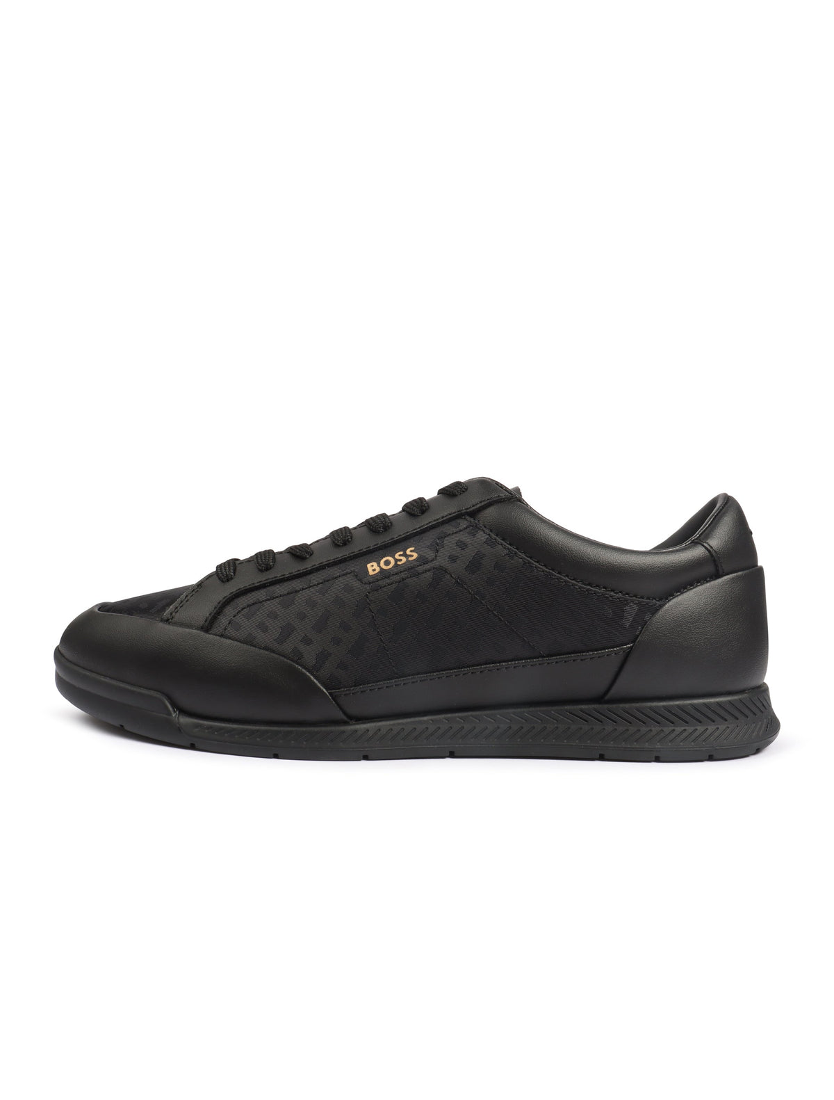 Black Hugo Boss Nitan Lowp men's shoes with sleek leather design, showcasing stylish footwear from Denim Exchange.