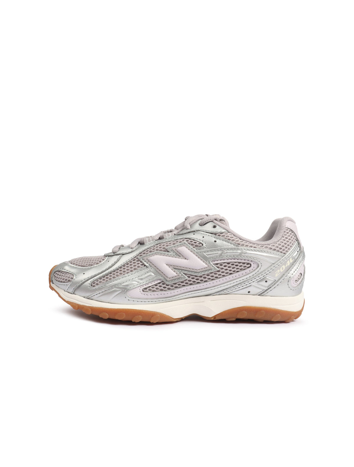 New Balance women's 204L footwear in Truffle Salt, side view of low-top sneaker with textured panels and rubber sole