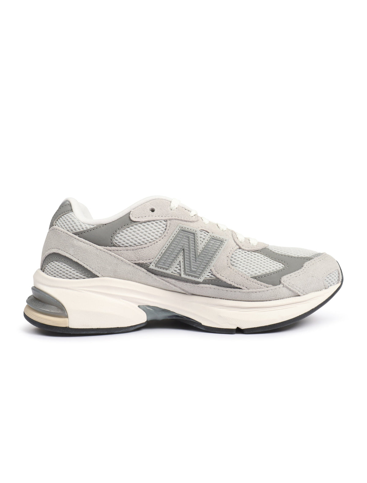 Men's New Balance Abzorb 2010 grey athletic shoes with mesh and synthetic overlays, featuring cushioned midsoles for comfort.