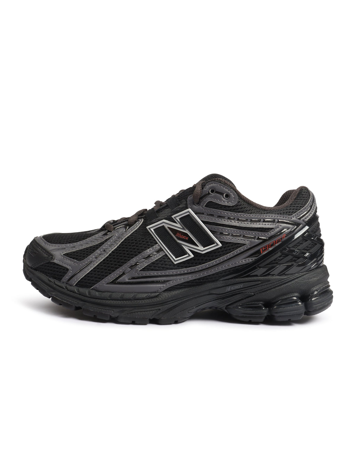 Men's New Balance 1906 black and hot tomato athletic footwear with white accents, showcasing the stylish design and comfortable fit.